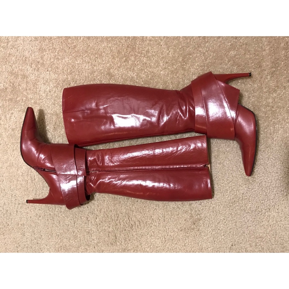 Red leather high heel boots
